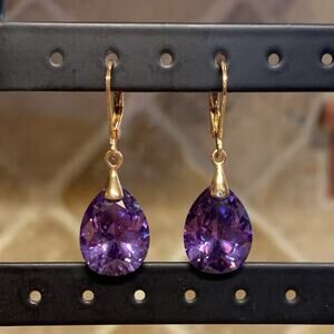 Gold tone and Large Pear Shape Purple Crystal Dangle Earrings